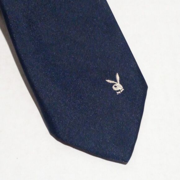 Vintage Playboy Narrow Neck Tie-Embroidered Bunny-Navy-Silk Blend-Made In Italy - Picture 2 of 6